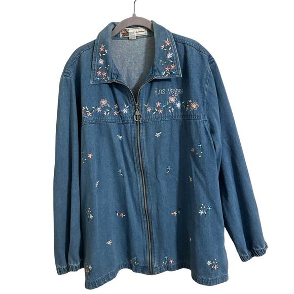Vintage Jackets & Blazers - Vintage 90s Las Vegas Denim Floral Embroidered Zip Up Jacket Large